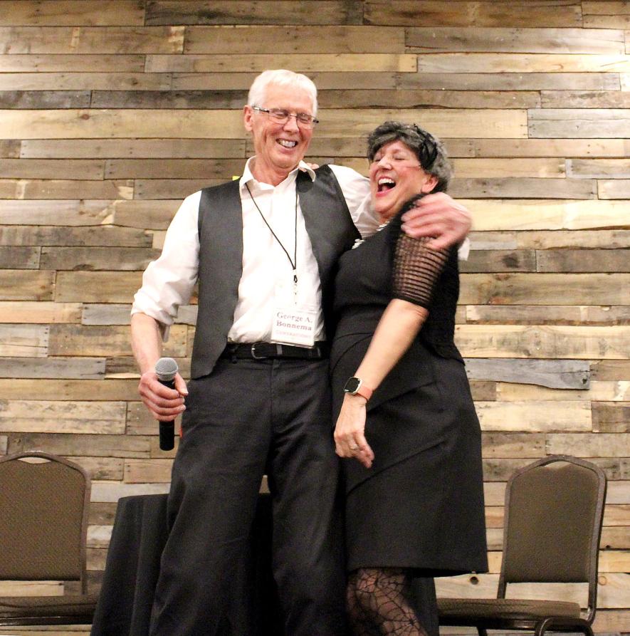 George Bonnema and DJ Luethje share a hug after the 2022 Marlene and Darlene comedy fundraiser for Generations. Rock County Star Herald File Photo
