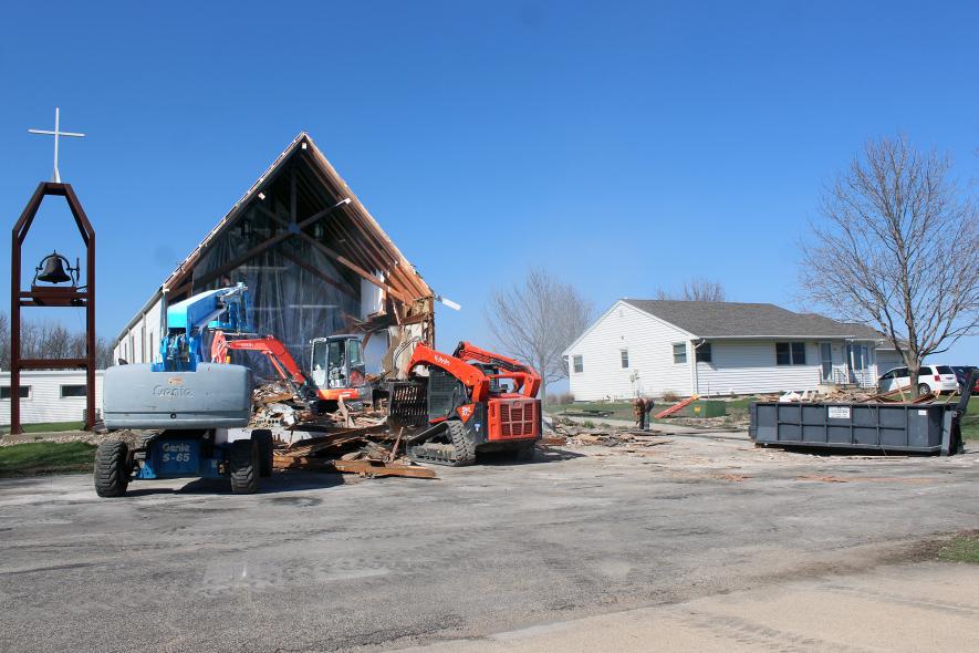 Demolition at Zion Lutheran Church in Hardwick was in full swing April 22 by Cleveringa Construction workers, who sawed the church in half to add a new narthex and remodel the basement. Work is expected to be complete by November. Mavis Fodness/Rock County Star Herald Photo