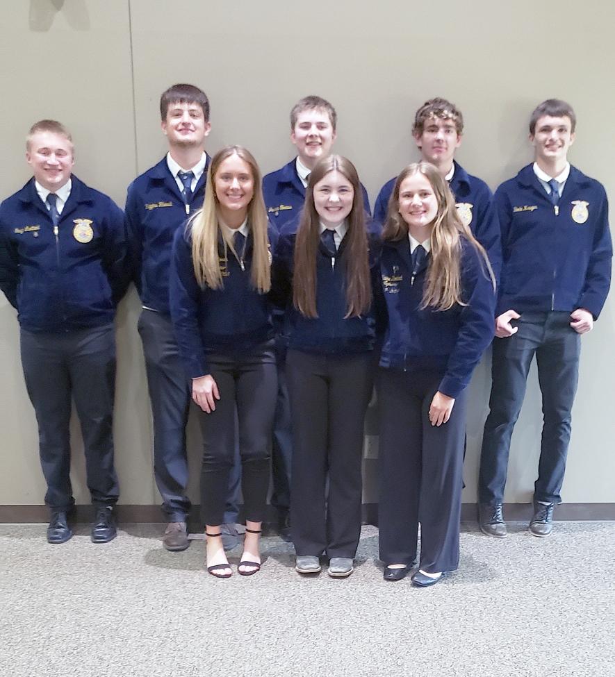 The 2025-26 officers for the H-BC FFA Chapter include (front, left) Hailey Moser, Claire Boeve, Claire Knobloch, (back) Gavyn Leuthold, Riggins Rheault, Josh Ternus, Hunter Leenderts and Bode Kruger. Shared Image