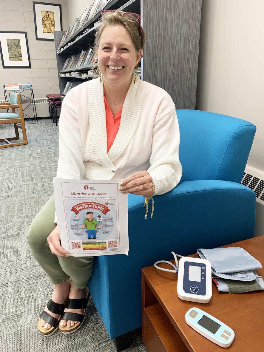 Rock County Library is now a “Libraries with Heart” initiative member and has two blood pressure cuffs available for patrons to use. Library director Calla Jarvie holds a blood pressure cuff and an electrocardiogram that will soon be part of a health kit that anyone with a library card may check out for temporary use at home. Mavis Fodness/Rock County Star Herald Photo