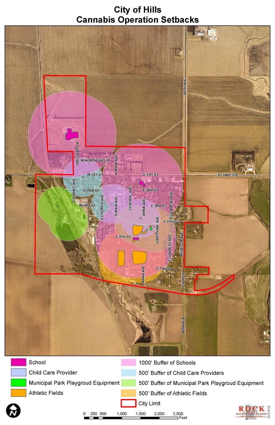Rock County is currently developing a zoning ordinance as to where retail cannabis business can be located in the county. A rural Hills businessman is proposing locating a retail cannabis business in the city of Hills, but according to the map, not many areas meet the setback requirements outlined by the Minnesota Office of Cannabis Management. As part of the county ordinance, a map is being developed for each city in Rock County. Graphic courtesy of Rock County Land Management
