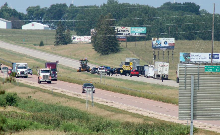 Emergency personnel work at the scene of the fatal motorcycle crash east of Luverne on westbound I-90. Lori Sorenson/Rock County Star Herald Photo