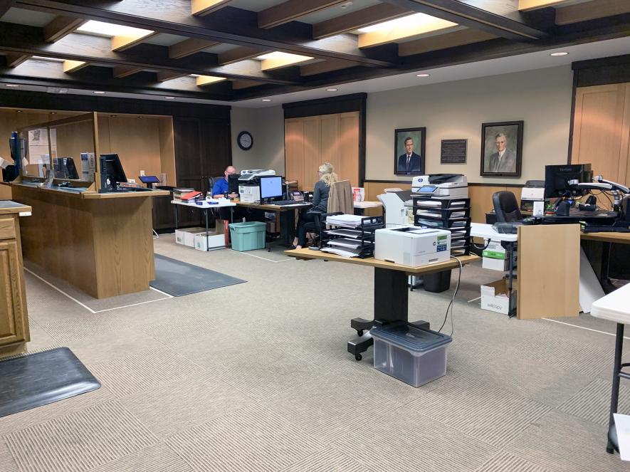 Offices for the Rock County Auditor-Treasurer and the Department of Motor Vehicles are relocated to the basement commissioners’ room at the courthouse for at least two months while those spaces are remodeled to improve the traffic flow, aesthetics and safety. Mavis Fodness/Rock County Star Herald Photo