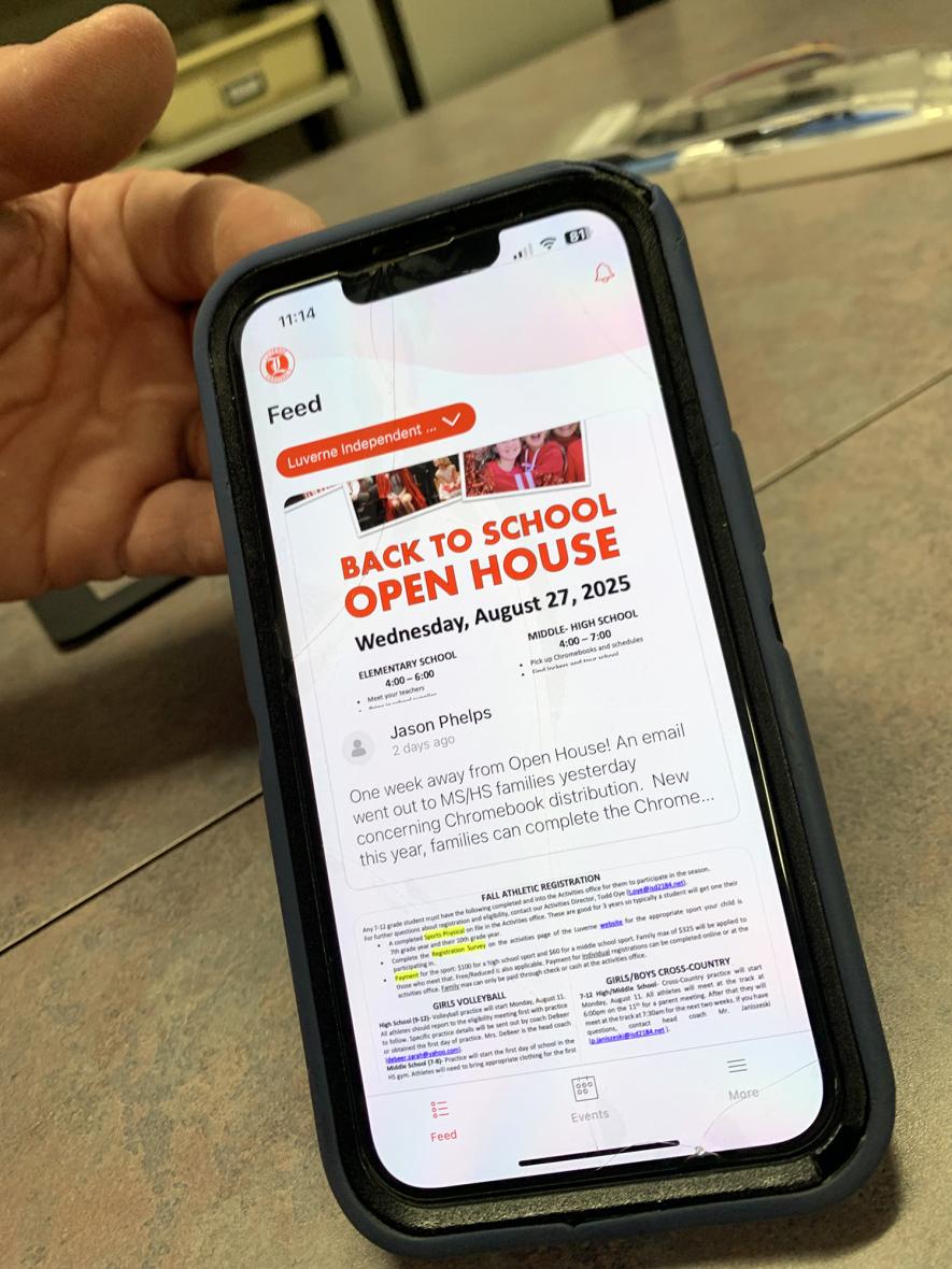 The upgraded Luverne Public Schools website includes the ability to receive district information through a mobile phone app where a complete listing of district events, back to school information, staff contacts and social media feeds like those pictured above can be accessed in one location.