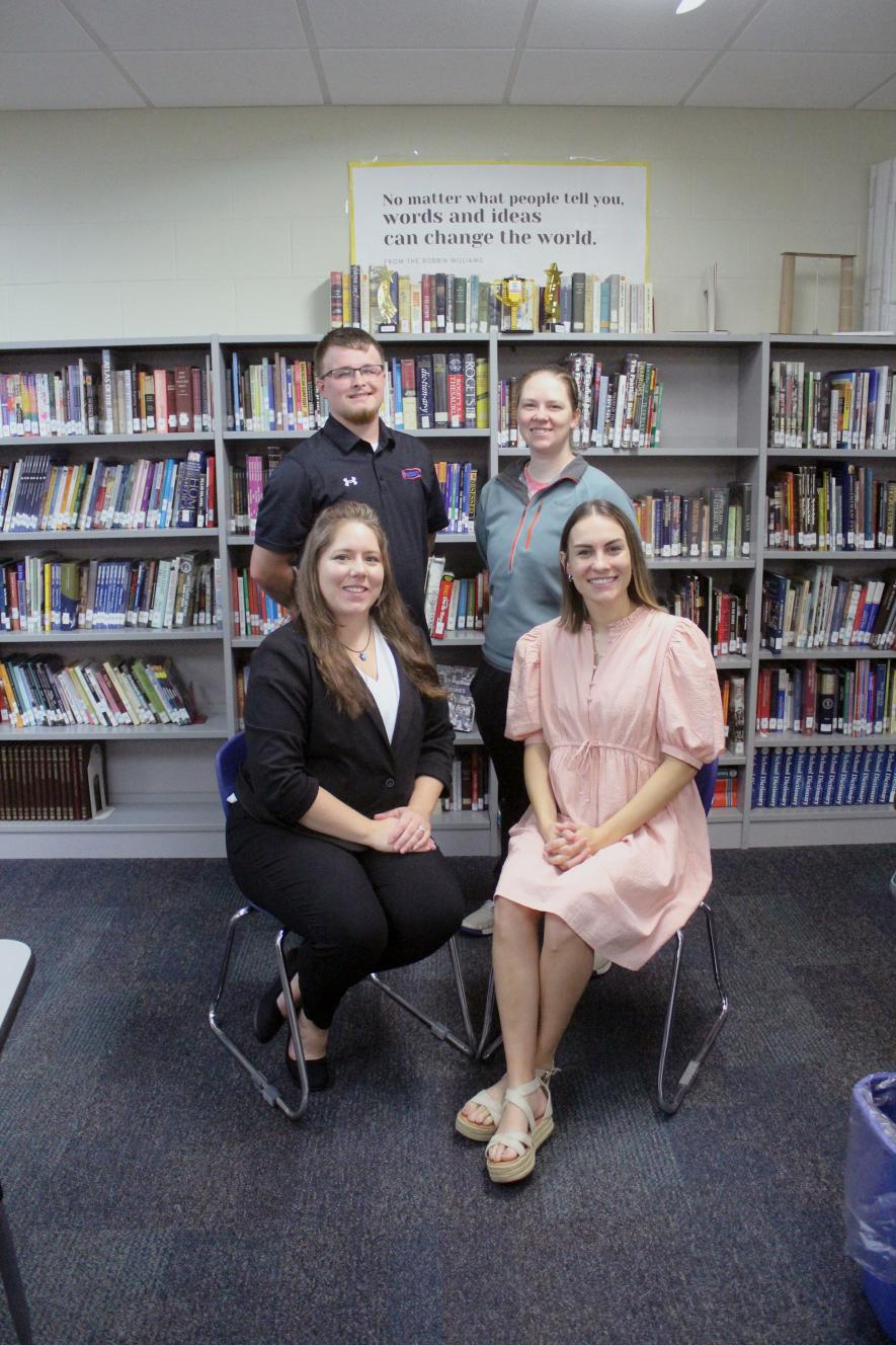 The Hills-Beaver Creek School District welcomed four new teachers Friday morning during the New Teacher Workshop. Pictured (front, from left) are Steffanie St. Clair, Jordin Kooima, (back) Easton Harnack and Bryan Bosch. Mavis Fodness/Rock County Star Herald Photo