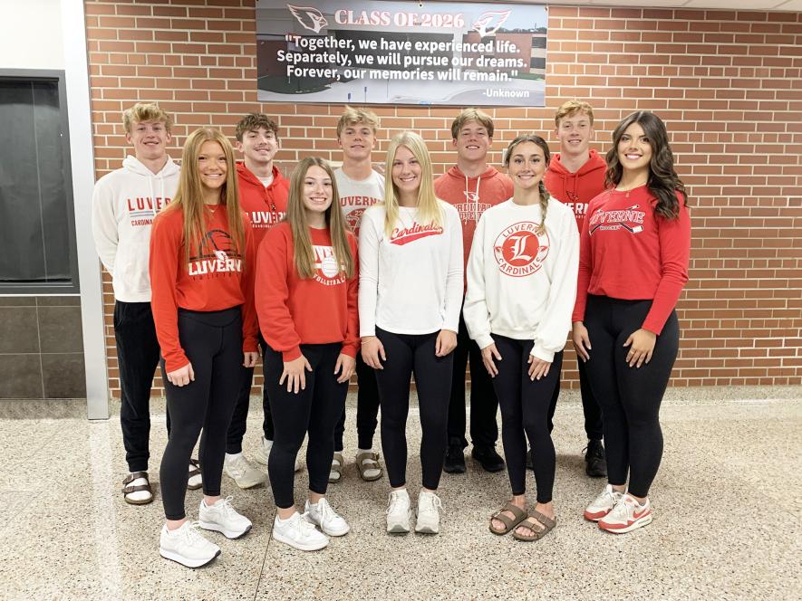 Luverne High School will crown the 2025 Homecoming king and queen at 7 p.m. Monday, Sept. 15, in the performing arts center. Candidates include (front, from left) Anna Banck, Julia Beyer, Addyson Mann, Ella Schmuck, Hannah Woodley, (back) Connor Bose, Kasey Buss, Josh Hansen, Tyler Hodge and Jaydon Johnson. Mavis Fodness/Rock County Star Herald Photo