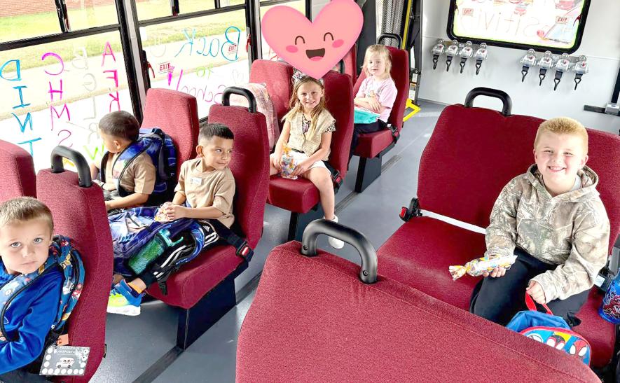Thirty-six preschoolers are getting rides with the Rock County Opportunities bus between day care and school this fall. Pictured are (from left) Hayden Richters, Andrew and Johnny Gonzalez, Laramie Black, Audrey Sopkowiak and Sawyer Wick. Shared Image