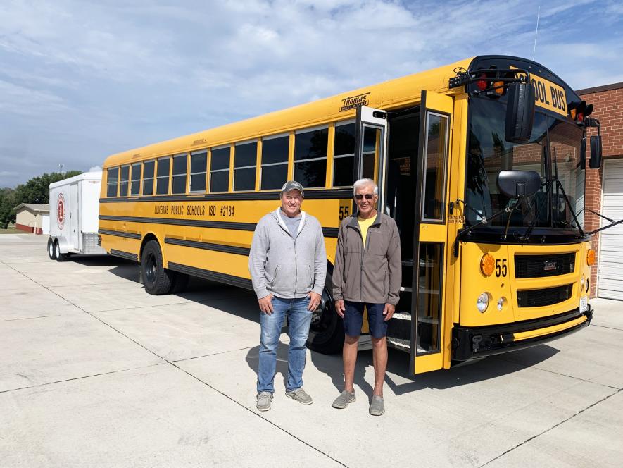 Cory Schmuck (left) and Jim Ouverson stand outside one of three Luverne Public School buses used for extra-curricular activities. Schmuck, the district’s building and grounds director, will also oversee the district’s transportation program with Ouverson hired as the transportation coordinator. The District has 13 regular bus routes. Mavis Fodness/Rock County Star Herald Photo