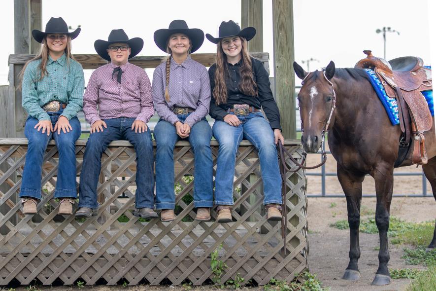 Six Rock County 4-H’ers earned trips to compete at the Minnesota State 4-H Horse Show Sept. 5-9 in Cannon Falls. Pictured are (from left) Blakely Fick, Hayden Devine, Reagan Spath and Claire Boeve (holding her horse, Scooter). Missing are Caul Bonnett and Gabriella Porter. Photo courtesy of Bonnie Meinerts