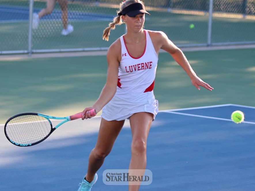 Senior Emma Nath lines up her return shot against her Arrows opponent Tuesday, Sept. 17, in Pipestone. LHS won the match 6-1 and took the Battle Racquet back to Luverne.