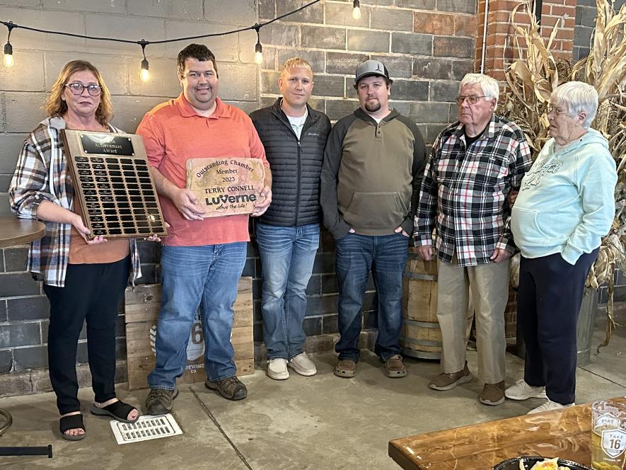 The late Terry Connell was honored posthumously Monday night as the 2023 Outstanding Chamber Member. Pictured during the reception at Take 16 are (from left) Chantel Connell, Jesse Connell, Chamber Board member Anthony Graphenteen, Josh Connell and Dave and Donna Connell. Lori Sorenson/Rock County Star Herald Photo
