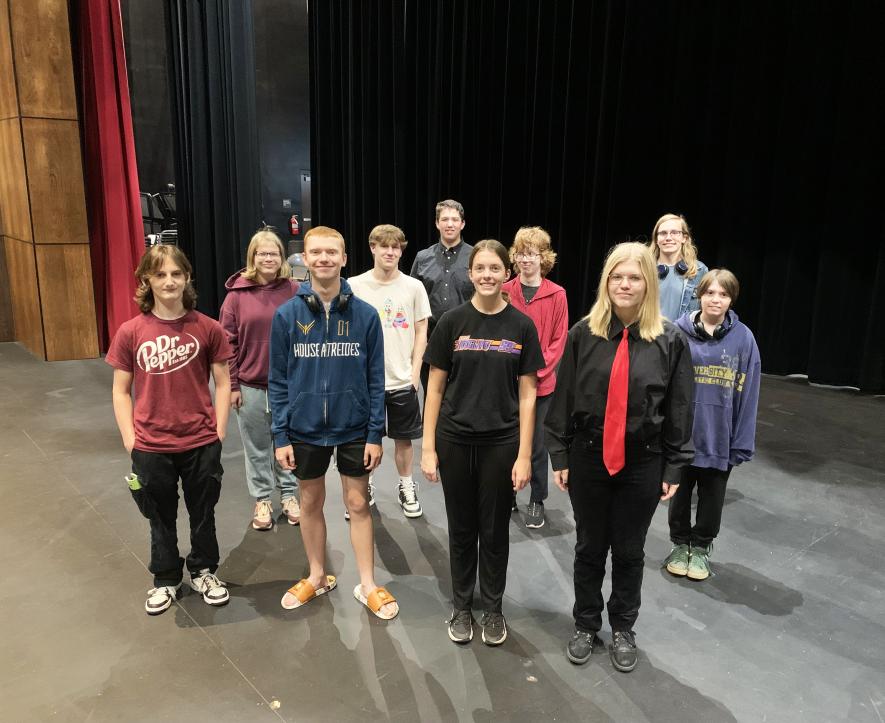 Luverne High School students will perform “Trap” Oct. 23-25 in the school performing arts center. Cast and crew members include (front, from left) Tyler Wicks, Elijah Henrichs, Rebecca Hoogland, Charlotte Happeny, (second row) Luella Johnson, Shane Travis, Thomas Held, Arlo Hogan, (back) Austin Sandbulte and Lucas Hoffman. Mavis Fodness/Rock County Star Herald Photo