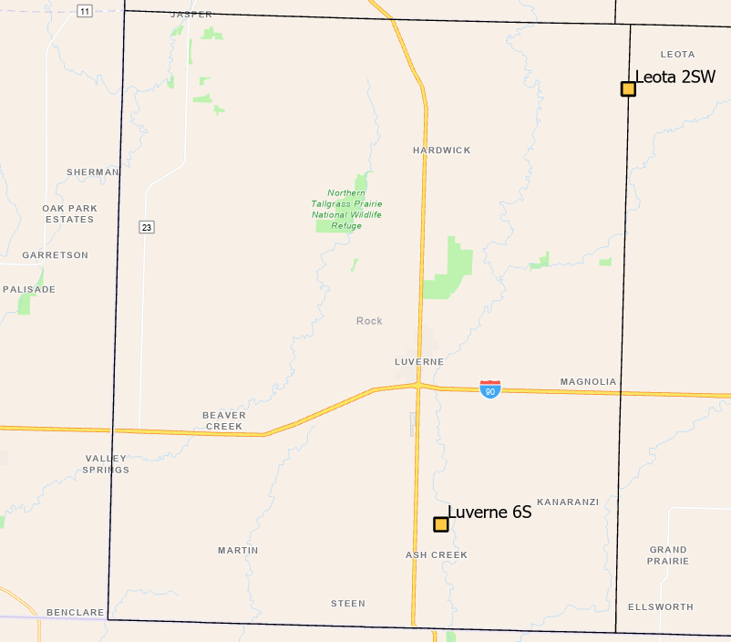One of the weather stations is located on Rock County Rural Water property south of Luverne, and one is on private land near the county line between Kenneth and Leota. Prior to the recent expansion, the nearest network weather stations were roughly three counties away from Rock County.