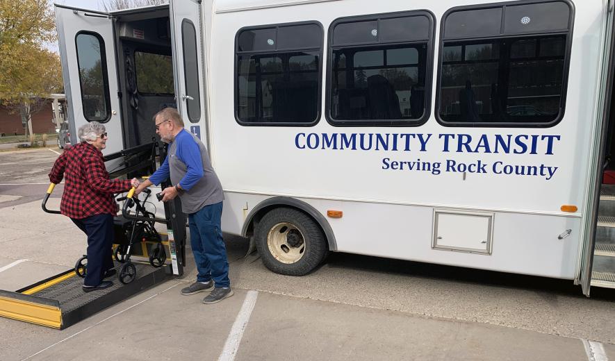 Gloria Aanenson accepts a lift Monday from Community Transit driver Darwin Jauert. The local public transportation program provided 21,452 rides to Rock County residents in 2023. Mavis Fodness/Rock County Star Herald Photo