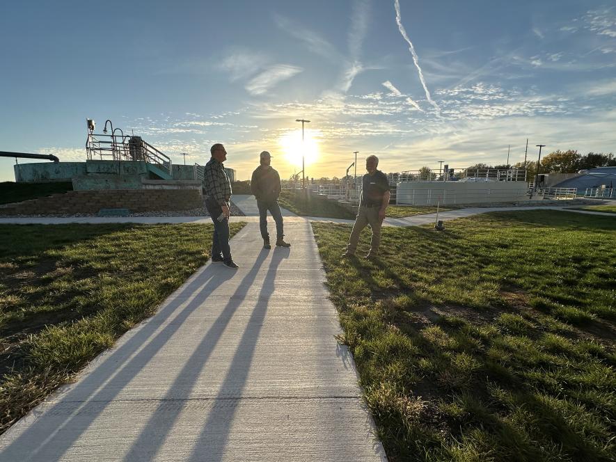 Wastewater treatment employe DJ Rock (center) leads a tour Oct. 17 with councilman Dan Nath (left) and wastewater supervisor Darrel Ykema.Lori Sorenson/Rock County Star Herald Photo