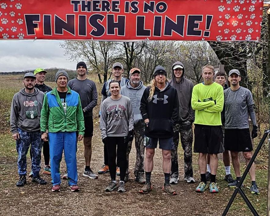 Runners at the start of the Duff Dog Backyard Ultra Saturday morning in the Blue Mounds State Park included (front, left) Andy Hayner, Stacy Fleace, Eva Gut, Tim Fry, Adam Berens, Nate Kruse, (back) Andrey Turner, Brian Faulkner, Brendan Todt, Sheldon Crooks, Parker Crooks and Bo Cowell.