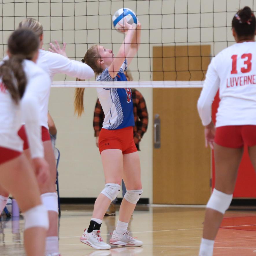 H-BC junior Bailey Spykerboer sets the ball for the Patriots Tuesday, Oct. 17, in Hills against Luverne. LHS beat H-BC 3-0 in the final season match.