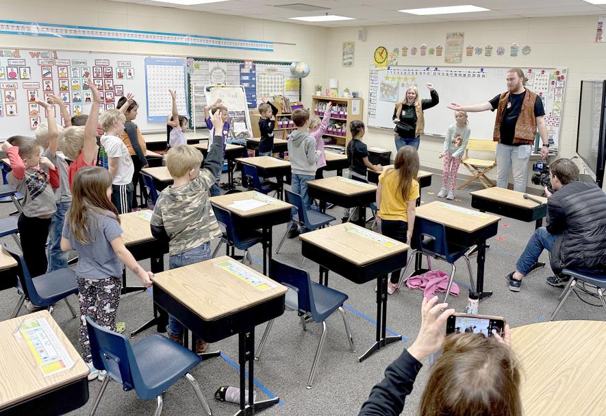CLIMB Theatre actors Drew Cliffel (left) and Bailey Mattner act out a scenario about brain health conversations in Alicia Reker’s first-grade classroom Thursday, Oct. 26. “If we have a stomachache, we go to the school nurse. If our brains don’t feel right, we go to the school counselor,” Mattner told students. CLIMB, headquartered in Inver Grove Heights, stands for Creative Learning Ideas for the Mind and Body. Lori Sorenson/Rock County Star Herald Photo