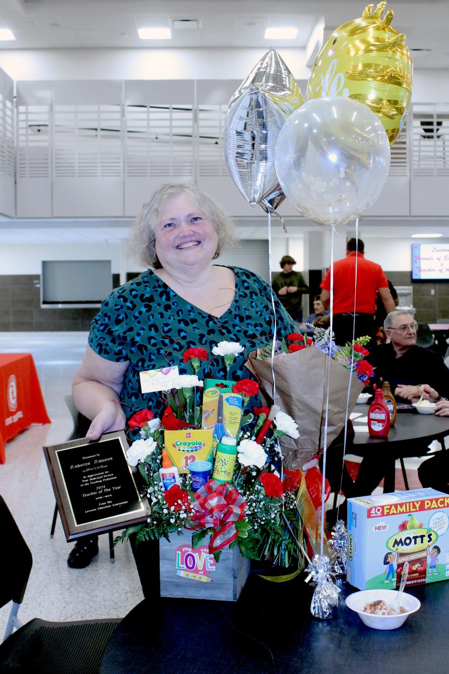 Becky Runnoe is the 2024 Luverne Education Association Teacher of the Year, chosen by her peers and revealed Monday afternoon during a special program conducted at the Luverne Middle-High School commons. Mavis Fodness/Rock County Star Herald Photo