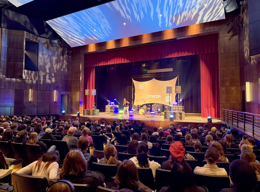 Motivational speaker Terrence Talley addresses Luverne students and faculty Friday in the school performing arts center. Lori Sorenson/Rock County Star Herald Photo