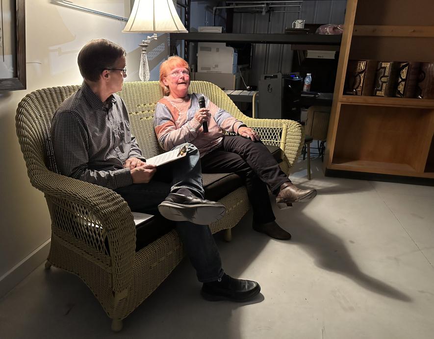 History Center director Wendel Buys (left) visits with Tanya Light during the Historical Society annual meeting Monday night at the History Center. Light is a descendant of the Leicher family who started the Luverne Automobile Company in Luverne. Lori Sorenson/Rock County Star Herald Photo