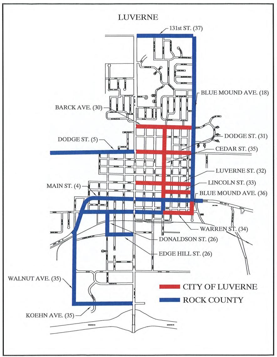 Rock County Commissioners passed a resolution Nov. 7 to turn back the maintenance of selected roadways in the city of Luverne. Luverne is considered a State Aid City due to its population growth to over 5,000 residents. The resolution stipulated the roadways (in red) are now Municipal State Aid streets while the roadways (in blue) continue to be maintained under the state’s County State Aid Highway system. Submitted Graphic