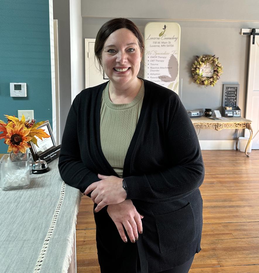 Erica Hough is a certified brainspotting therapist who recently volunteered in Hawaii helping traumatized victims of the Maui wildfires. She’s pictured Nov. 15 in the reception area of Luverne Counseling, which she founded in 2015. Lori Sorenson/Rock County Star Herald Photo