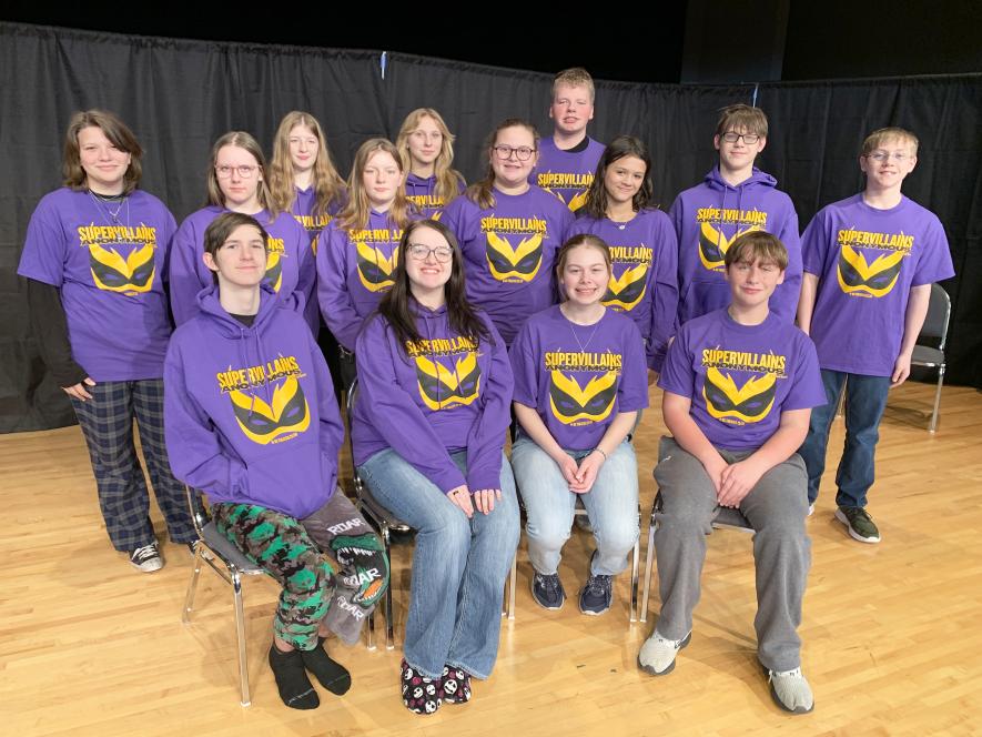 Hills-Beaver Creek students will perform “Supervillains Anonymous” Dec. 12 and 14 at the secondary school in Hills. Cast and crew members include (front, left) Adrik Harsma, Caidence Ellis, Sarah Prohl, Ryker Gehrke, (second row) Kristina Stefanyuk, Odynn Kobernick-Pasch, Nora Tatje, Emileigh Koller, Nic Zingler, Zachary Zingler, (back) Betty Murray, Athena Kobernick-Pasch, Naomi Harsma and Kaleb Olson. Mavis Fodness/Rock County Star Herald Photo