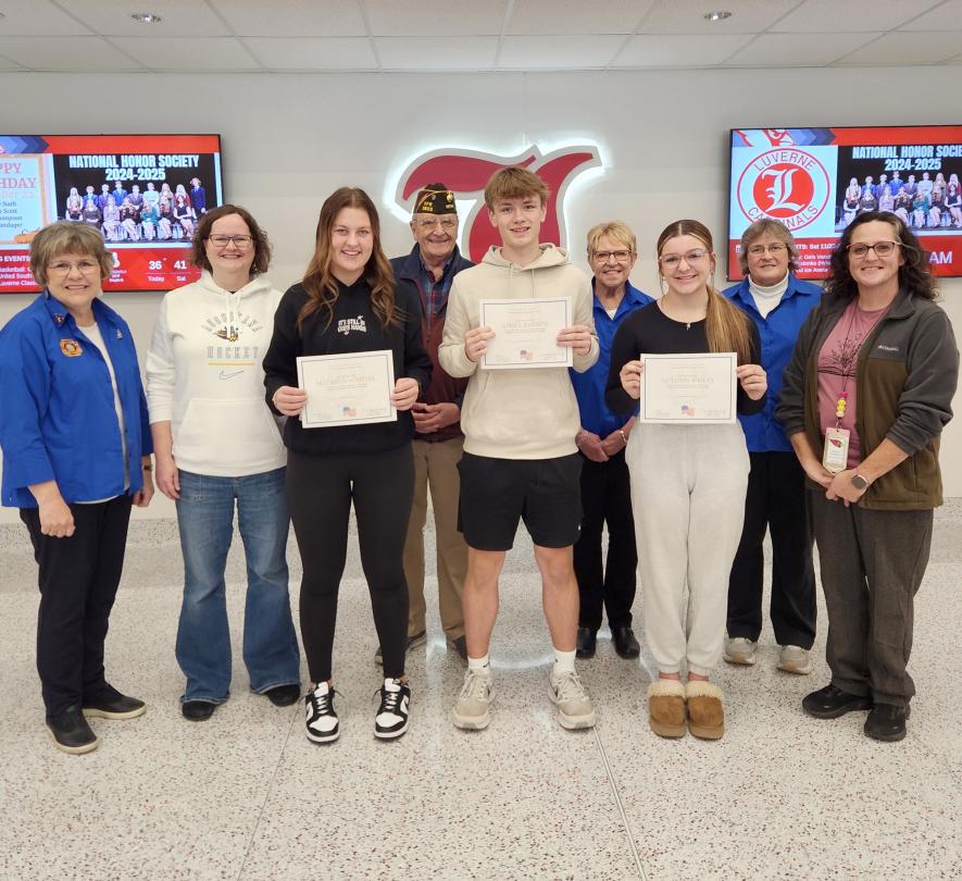 Pictured are (from left) VFW Auxiliary member Roxanne Kremer, Luverne teacher Amy Sahly, first-place winner Madison Schepel, VFW member Terrie Gulden, second-place winner Asher Barron, VFW Auxiliary member Jean Hoffman, third-place winner Autumn Bailey, VFW Auxiliary member Diane Rabenberg and Luverne teacher Megan Klumper. Submitted Photo