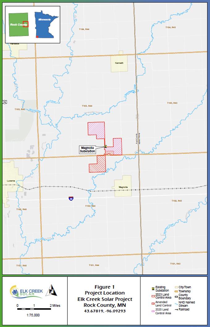 The Minnesota Public Utilities Commission will conduct two public hearings in February in response to the amended application for the Elk Creek Solar Farm planned for north of Magnolia. The 1,522-acre solar farm will generate 160 MW of electricity once completed in 2026. Graphic courtesy of National Grid Renewables