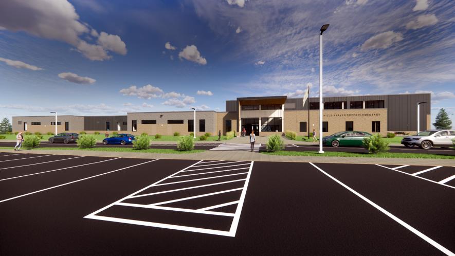 The proposed 57,400 square-foot Hills-Beaver Creek Elementary School will face southeast with access to the parking lot off the newly named Patriot Lane. Rendering courtesy of ATSR Inc.