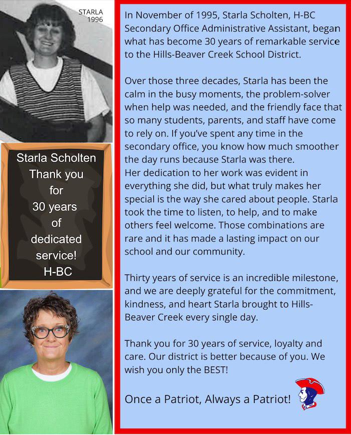 Starla Scholten is honored for her 30 years of dedication to the Hills-Beaver Creek School District last week in a social media post on the district site, HBC Patriots.