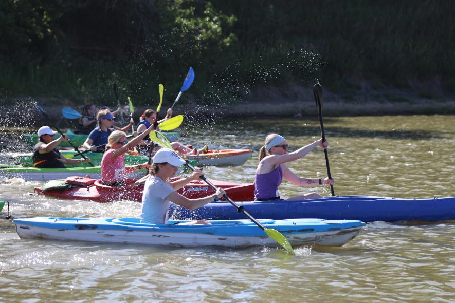 Competitors in the Individual Shark Race take off in kayaks on their first of three legs in the 2025 Davis Lake Triathlon Friday, July 4, at The Lake in Luverne. The Shark Race included a half-mile kayak, a 7-mile bike ride and a 2-1/2-mile run. Greg Hoogeveen/Rock County Star Herald Photo