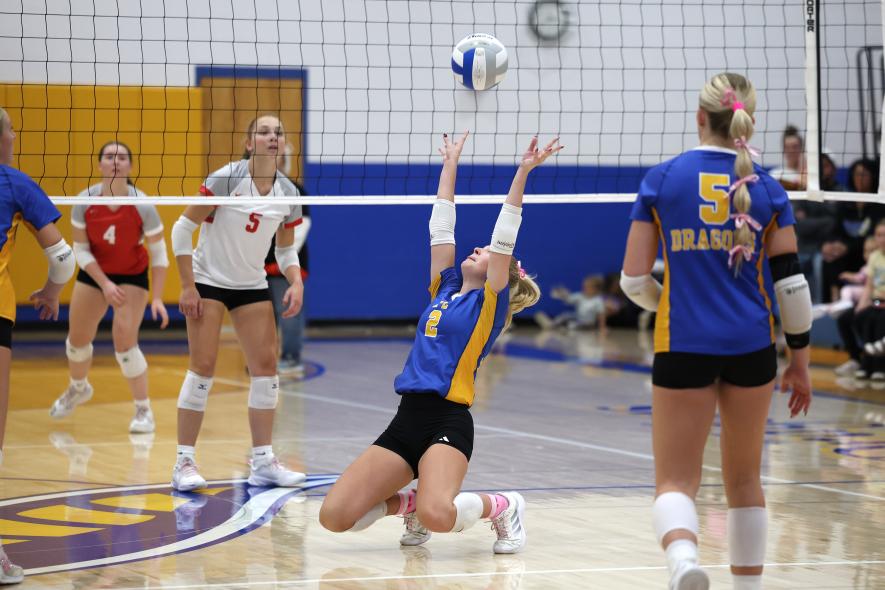 Greg Hoogeveen photo/A-EVB1 Dragons senior Ava Brown sets the ball for her team against WWG Oct. 19 in Adrian. Adrian-Ellsworth fell 3-2 after winning the first two sets against the Chargers.