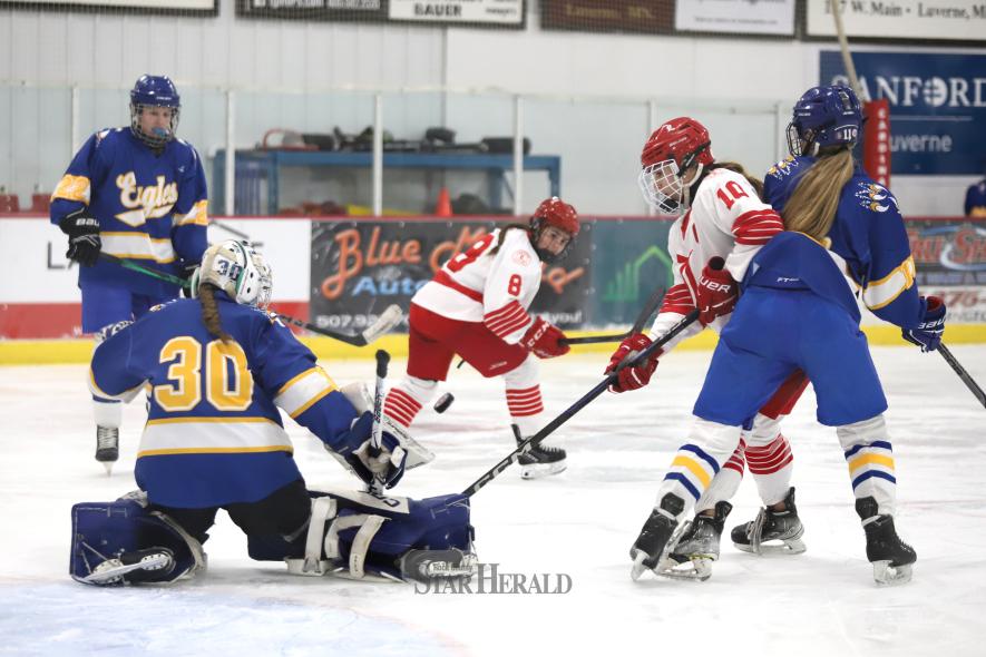 LHS senior Payton Behr tries to get a handle on the puck in front of Windom’s goalie Tuesday, Dec. 17, at home. Luverne beat Windom 6-1 in the game.