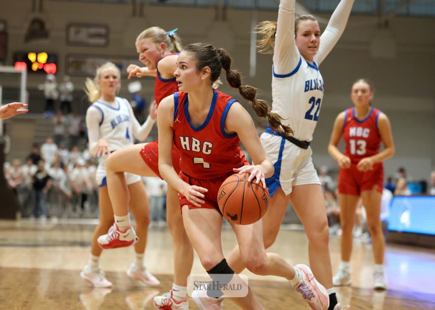 Greg Hoogeveen photo/HBCGBB5 H-BC junior Olivia Deelstra breaks for the hoop against Central Minnesota Christian March 7 in the Section 3A Championship Game in Marshall. The Lady Pates fell 55-33 in the game.