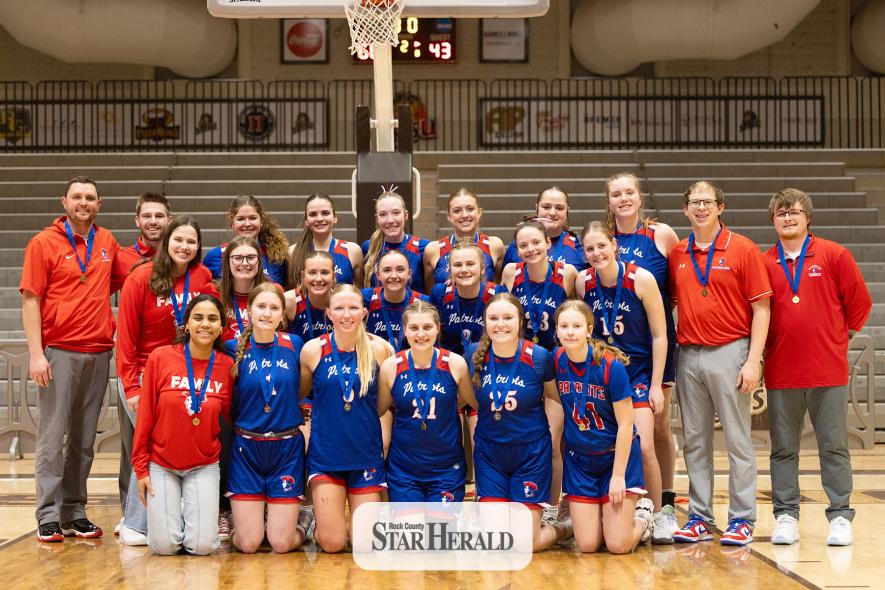 Samantha McGaffee photo. The Lady Pates were crowned Section 3A sub-section champions Feb. 28 in Marshall. H-BC beat the Adrian-Ellsworth Dragons 66-43 to move on to sections. Pictured are (front, left) manager Yanisha Pacheco-Lopez, Bailey Spykerboer, Brynn Bakken, Hadley Spath, Lily Top, Rudy Susie, (middle) Lexxus Wessels, Gracie Fagerness, Hailey Moser, Abbie Harris, Claire Knobloch, Emma Deelstra,  Sage DeBoer, (back) assistant coach Tyler Bush, assistant coach Conner Blosmo, Izzy Wysong, Olivia Deelst