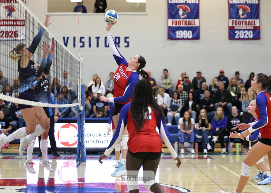 Greg Hoogeveen photo/H-BCVB1 Patriots junior Ella Rheault jumps to spike the ball against Russell-Tyler-Ruthton Thursday, Sept. 24, at home. 