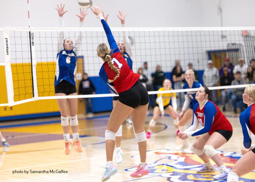 Samantha McGaffee photo/HBCVB2 Patriots senior Ella Sammons sends the ball back to the Dragons side of the net Oct. 24 in the second round of the Section 3 volleyball tournament. H-BC fell 3-1 to Adrian-Ellsworth in the game.