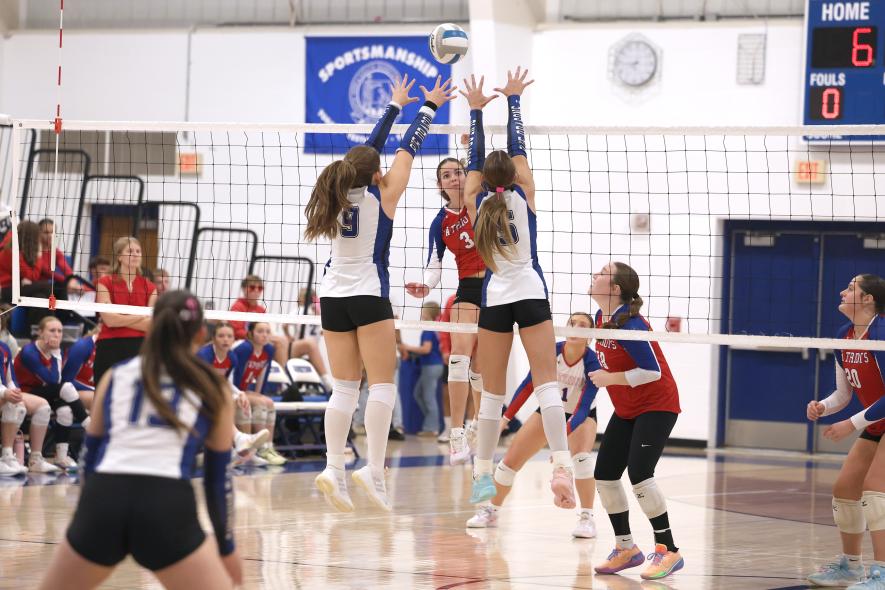 Greg Hoogeveen photo/HBCVB1 H-BC senior Olivia Deelstra sends a rocket past two Garretson players Oct. 15 on the road. The Patriots won the match 3-0. 