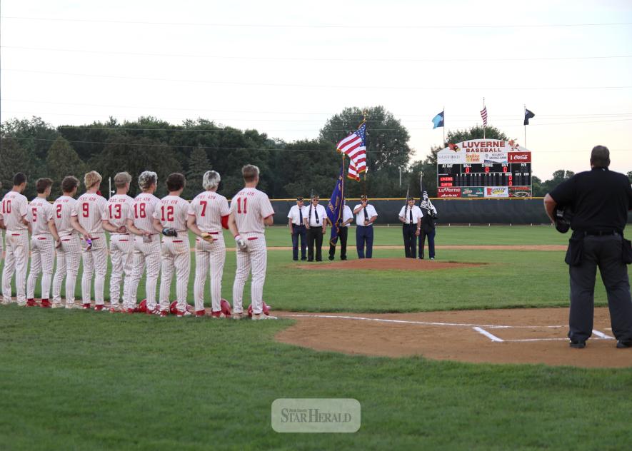 The Luverne Junior Legion baseball team members line up for their first game of the 2025 Southwest Sub-State Tournament at Redbird Field Sunday, July 20. The Hardwick American Legion presented the colors before the game. Luverne is hosting the tournament this year at Redbird Field July 20-22 and July 27-28.