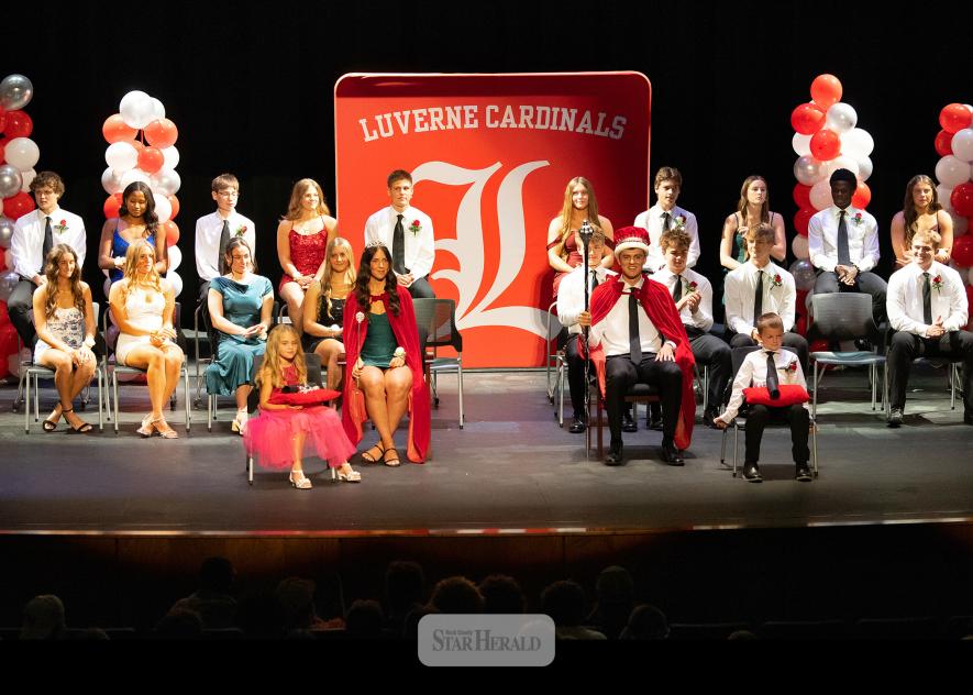 Luverne celebrated its Homecoming coronation on Monday, Sept. 28, at the performing arts center. Coy Thone and Macie Edstrom were crowned Homecoming king and queen. Pictured (front, from left), Nora DeBoer, Bryson DenHoed, (second row), Macie Edstrom, Coy Thone, (third row) Khloe Visker, Olivia Ver Steeg, Izzy Steensma, Kassidy Saarloos, Asher Barron, Matthew Gangestad, Ben Hartquist, Jackson VanMaanen, (fourth row) Kelby Schomacker, Reinha John, Andrew Wieneke, Samantha VanMaanen, Nolan Sneller, Emma Cowel
