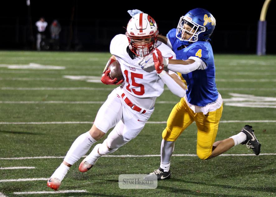 Luverne Cardinal wide receiver senior Jaxon Lais runs alongside the sideline after catching a pass against Waseca in the Section 3AAA Championship game. 