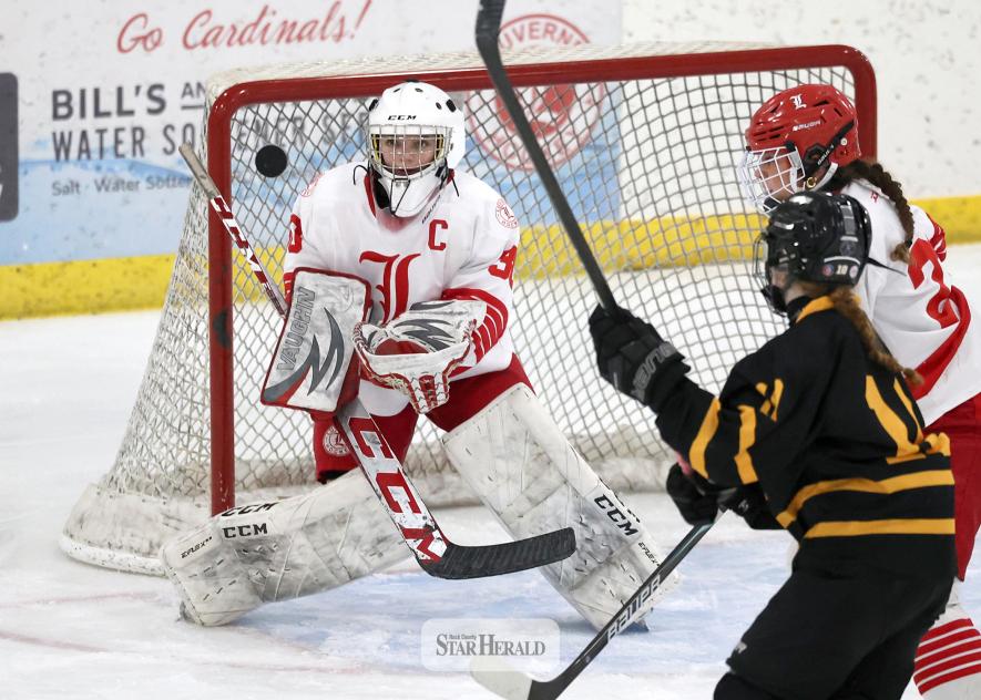 Greg Hoogeveen photo/LHSGHOC1 Luverne senior goaltender Emma Sarrloos watches the puck before it lands in her glove against Mankato East in Luverne Saturday, Jan. 3. The Cardinals fell 3-1 in the game.
