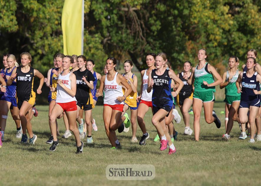 The Luverne girls’ varsity cross country team takes off in their 5,000-meter race at the Adrian Country Club Tuesday, Oct. 8. LHS runners pictured are, left to right, eighth-grader Summer Mollberg, sophomore Khloe Visker and junior Ella Schmuck.