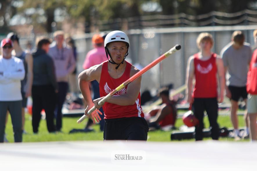LHS junior pole vaulter Trayton Sayavong approaches the pit for a vault attempt at the Bob Nangle Relay in Pipestone April 29. Sayavong finished in fifth place at a height of 9’ 6”.
