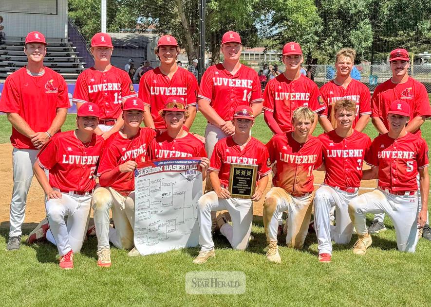 The Luverne Senior Legion baseball team beat Sleepy Eye twice, 3-2 and 11-1, Saturday, July 26, to qualify for the American Legion Division II State Tournament July 31-Aug. 2 in Ely. Pictured are (front, from left) Colton Haubrich, Josh Hansen, Landyn Lais, Marcus Vortherms, Blake Sauer, Matthew Gangestad, Carter Sehr, (back) head coach Derek Lundgren, Maddox Miller, Landon Ahrendt, Layke Miller, Jaxon Lais, Alex Schlosser and coach Isaac Bonnes.