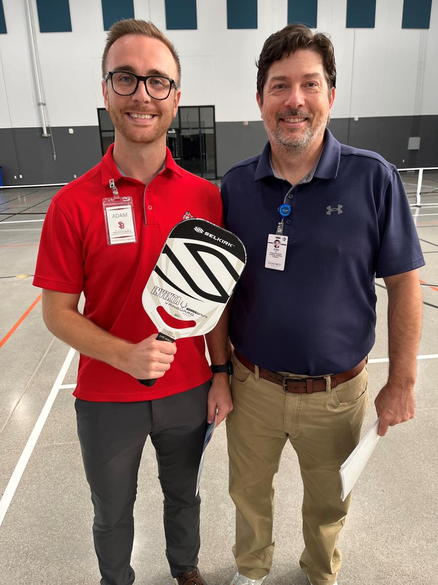 Adam Holmstrom (left), a University of South Dakota, Vermillion, physical therapy student, presented to local pickleball players Monday morning with Jobi Colwell, clinical instructor and physical therapist at Sanford Luverne Medical Center. Shared Image