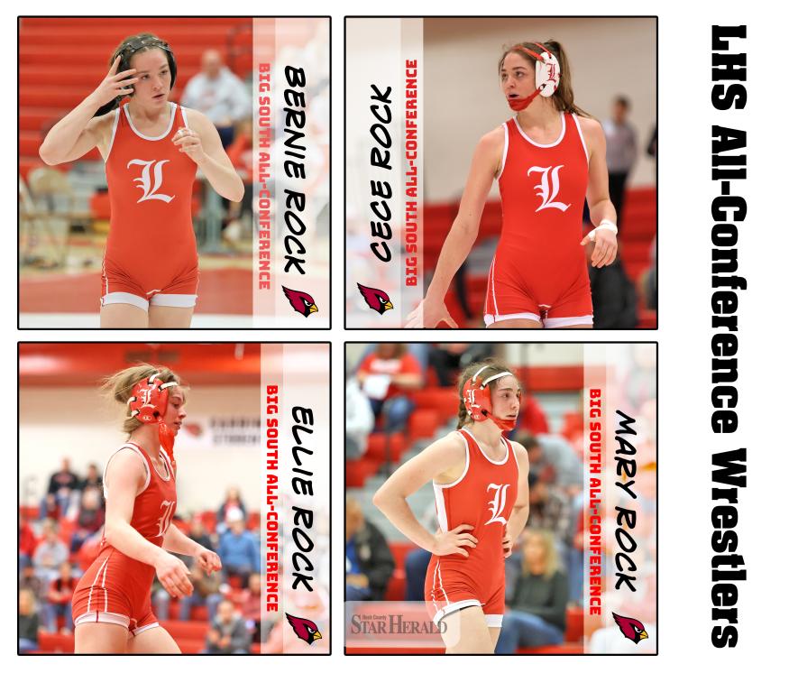 Greg Hoogeveen photo/ACwrestlers The Rock sisters were named to the 2026 Big South Conference All-Conference. They are (top, left) senior Bernie Rock, (top, right) junior CeCe Rock, (bottom, left) freshman Ellie Rock and seventh-grader Mary Rock.