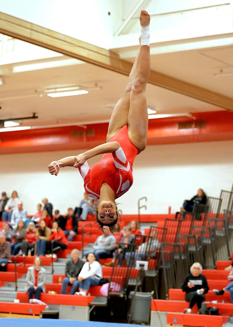 Greg Hoogeveen photo/gymnastics1 Senior Kianna Winter looks for the mat in her floor routin against Martin County Monday, Feb. 2, at home. Luverne fell 132.8 to 131.95 in the meet.